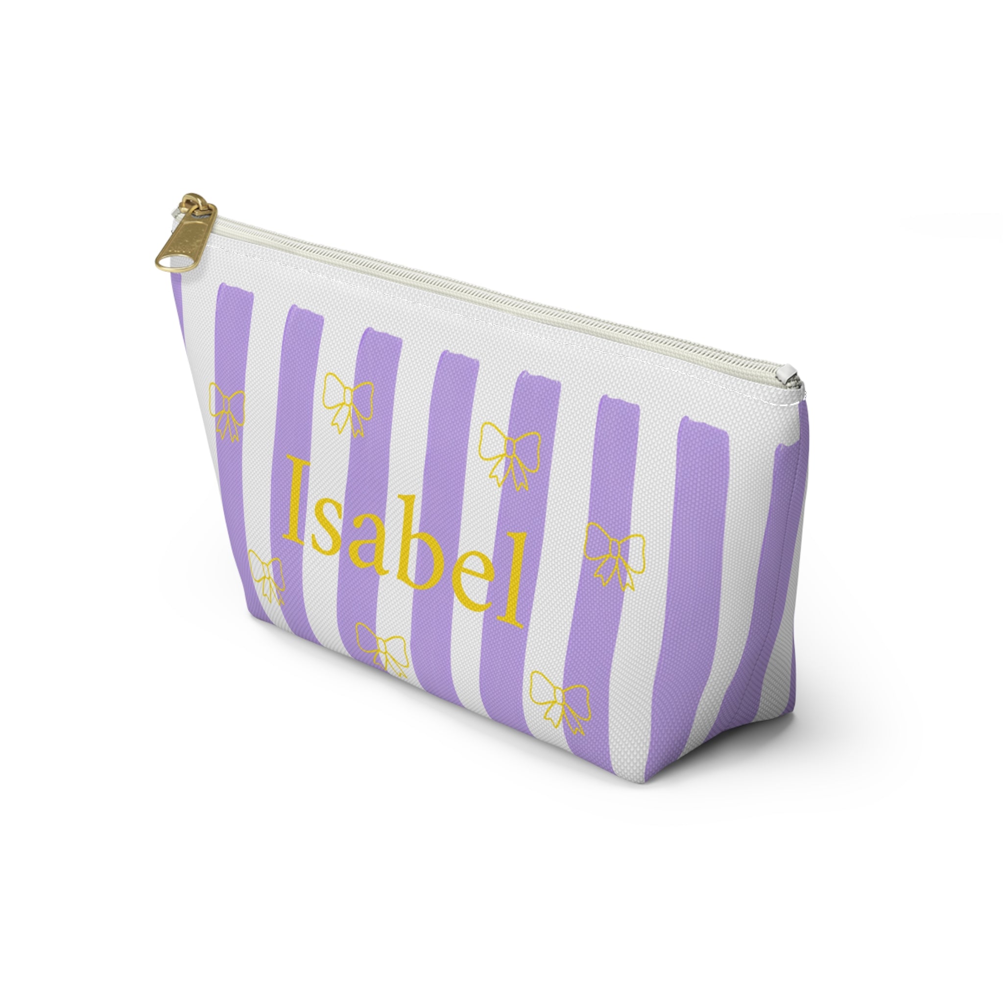 Personalized makeup bag with lavender stripes on vanity, lifestyle shot