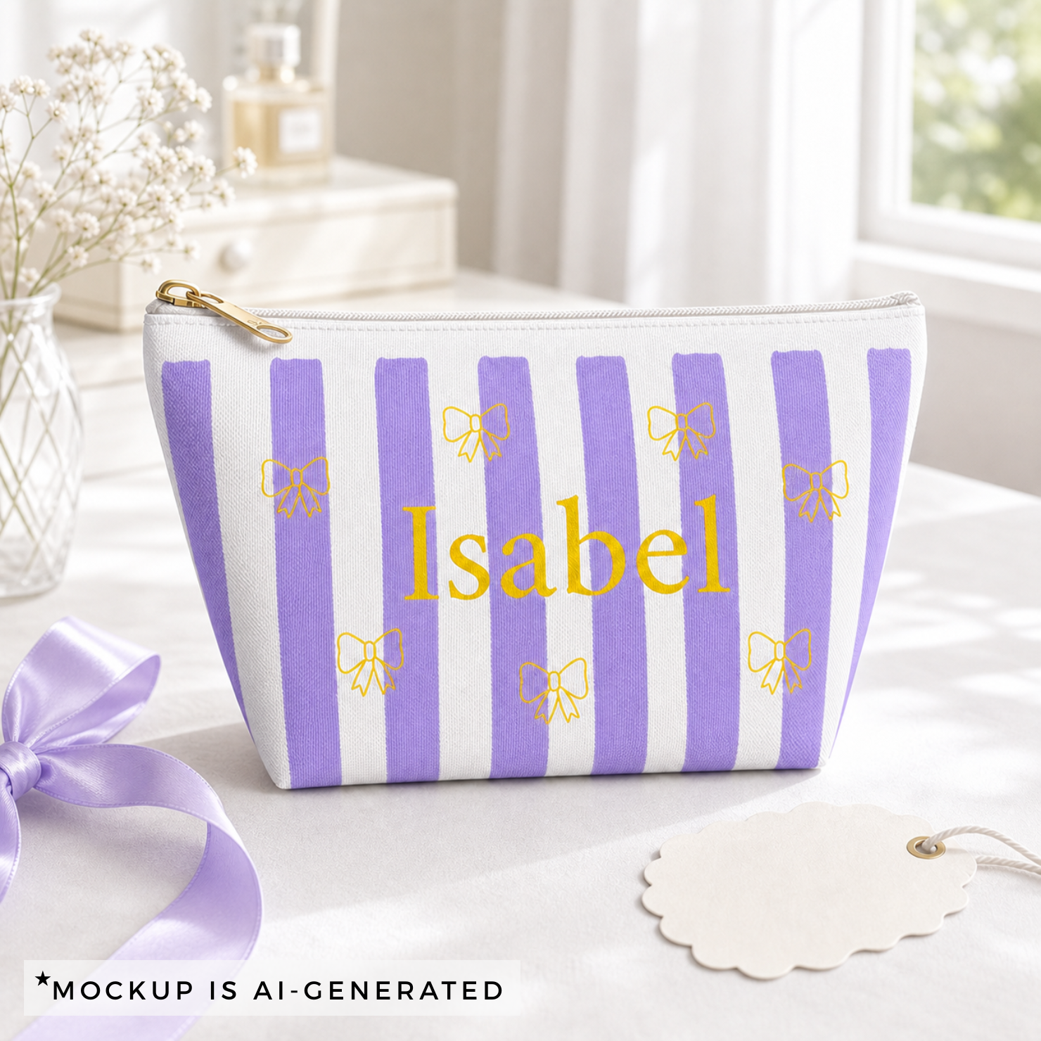 Custom name coquette makeup bag with white zipper, product shot