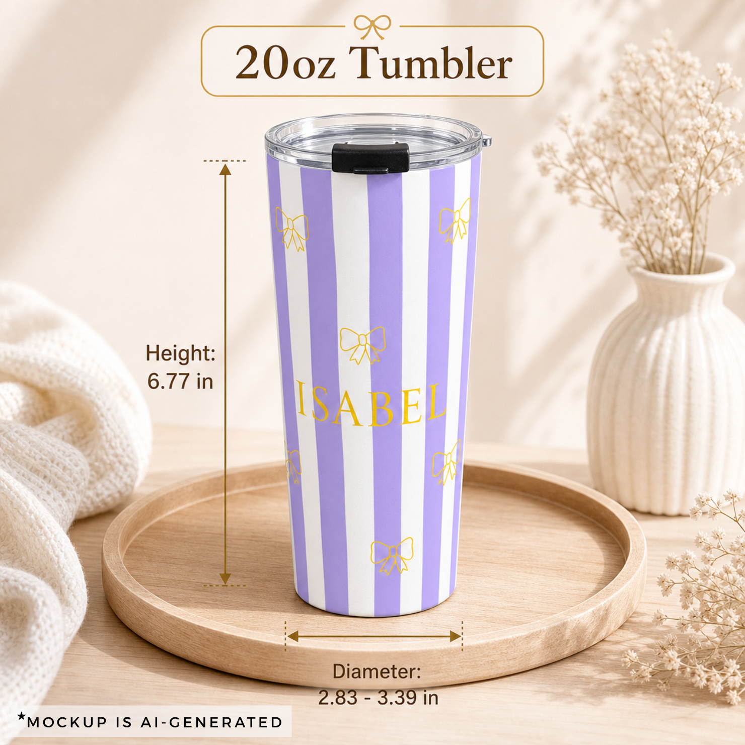 20oz stainless steel personalized tumbler with bow pattern, size reference