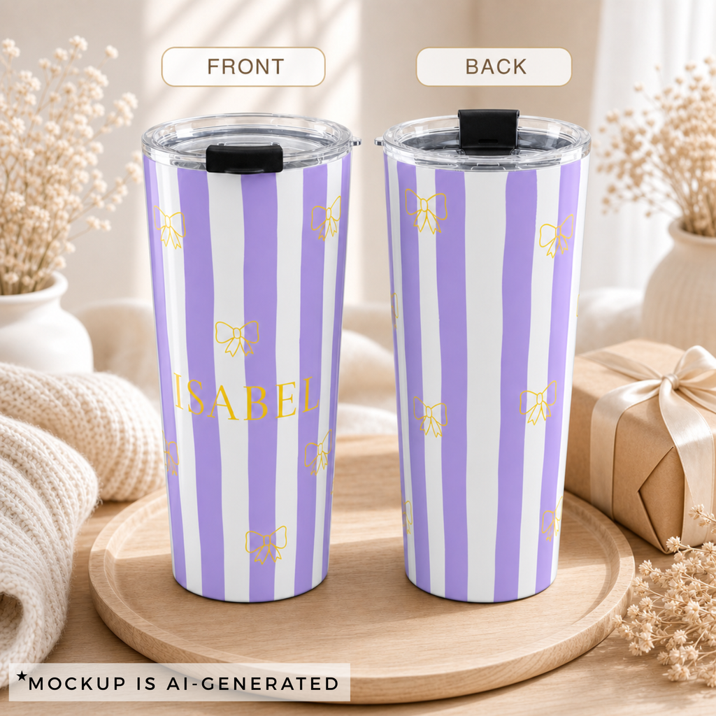 Custom name tumbler with coquette bow design, white background product shot