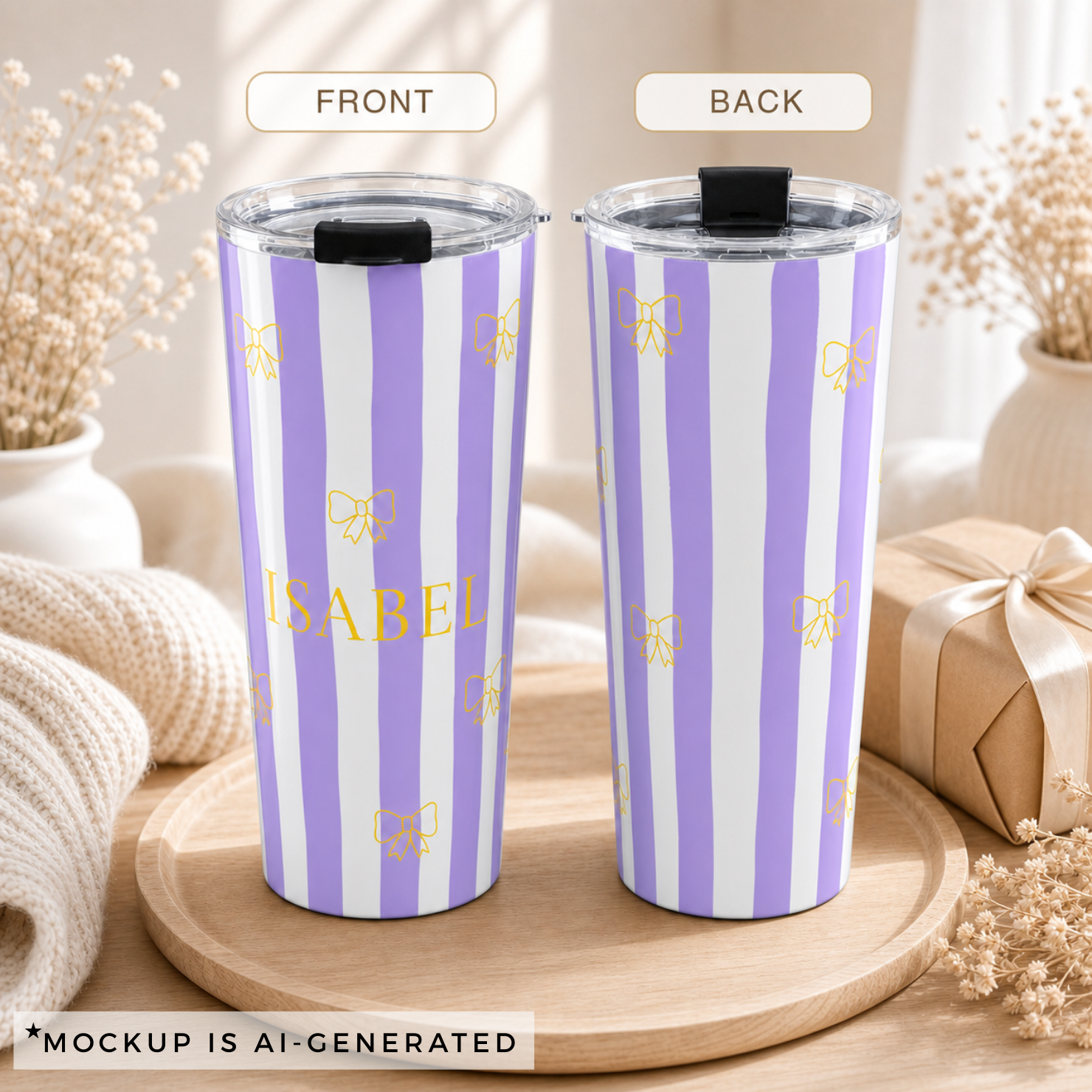 Custom name tumbler with coquette bow design, white background product shot