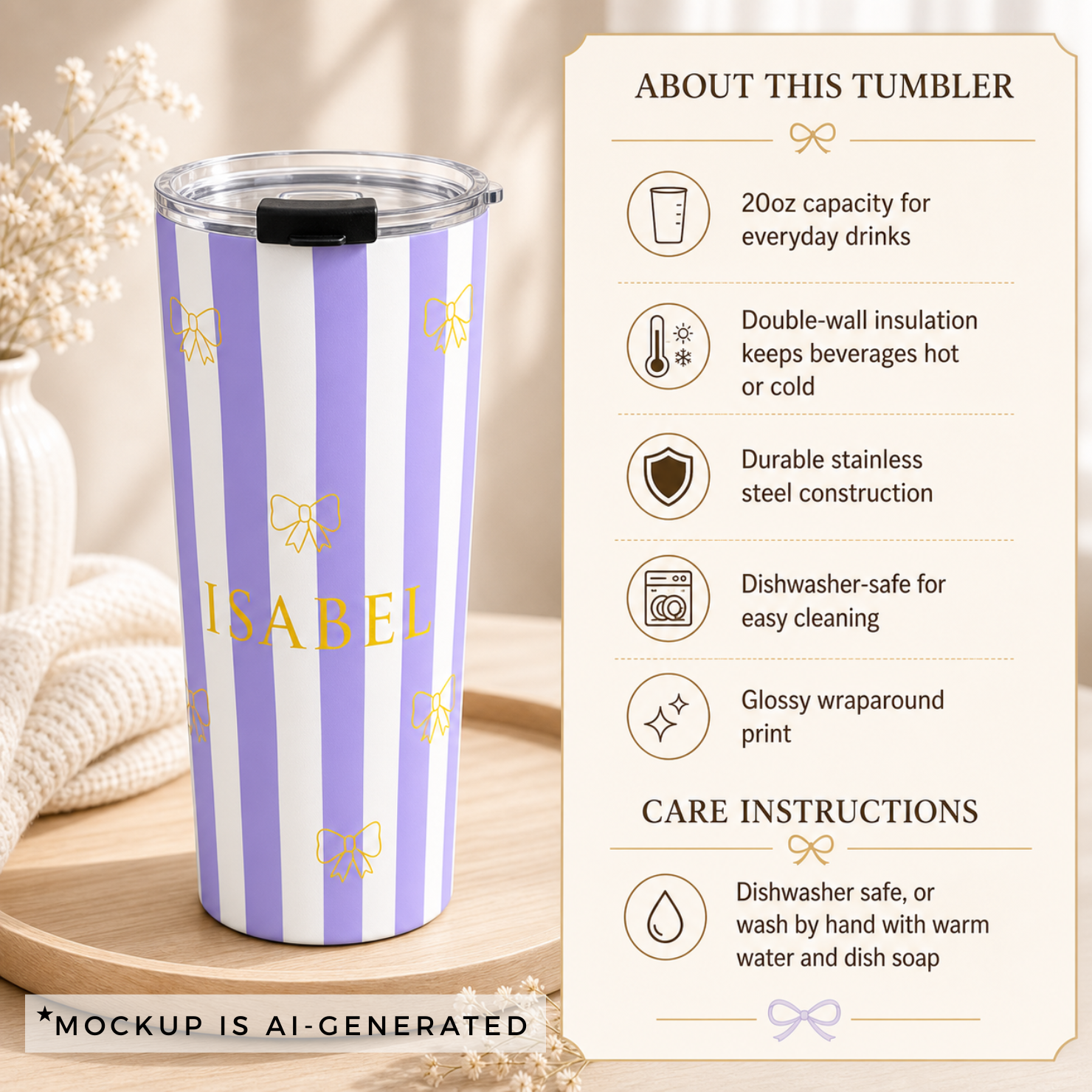 Personalized lavender bow tumbler with gold name, gift box presentation