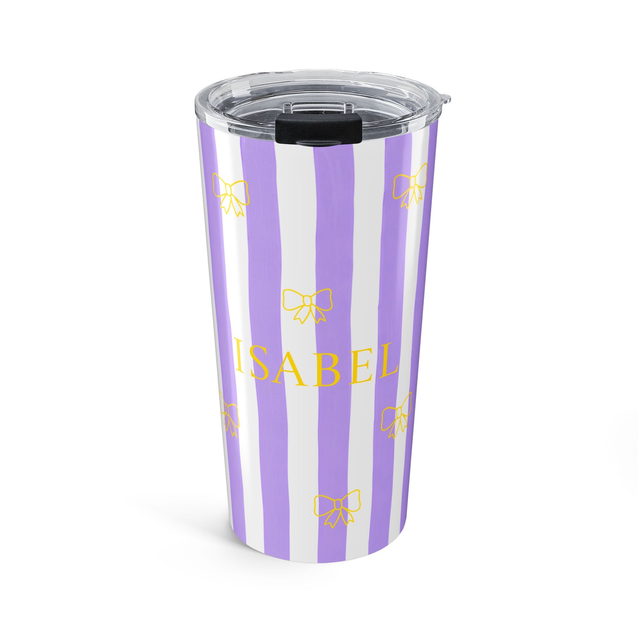 Personalized lavender bow tumbler with custom name Isabel in gold letters, front view