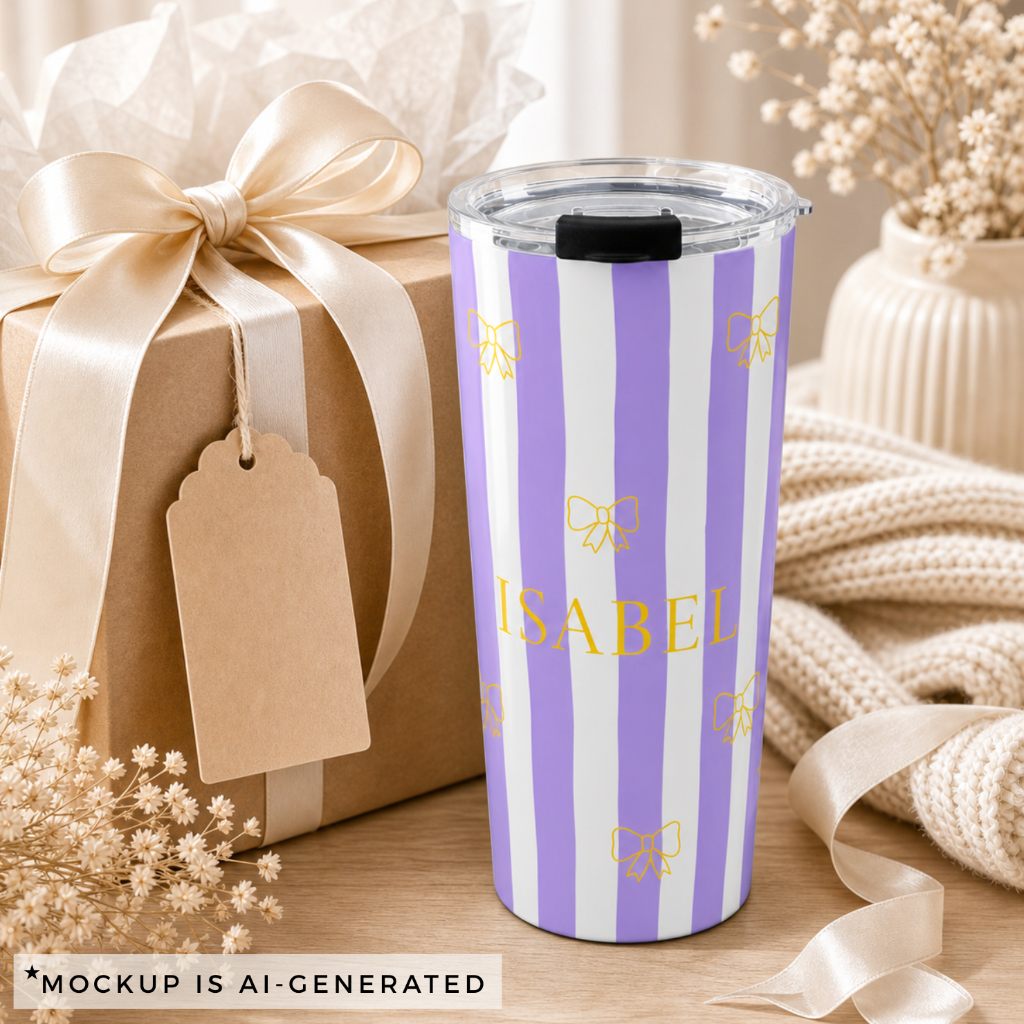 Lavender stripe personalized tumbler with gold bows, side angle view