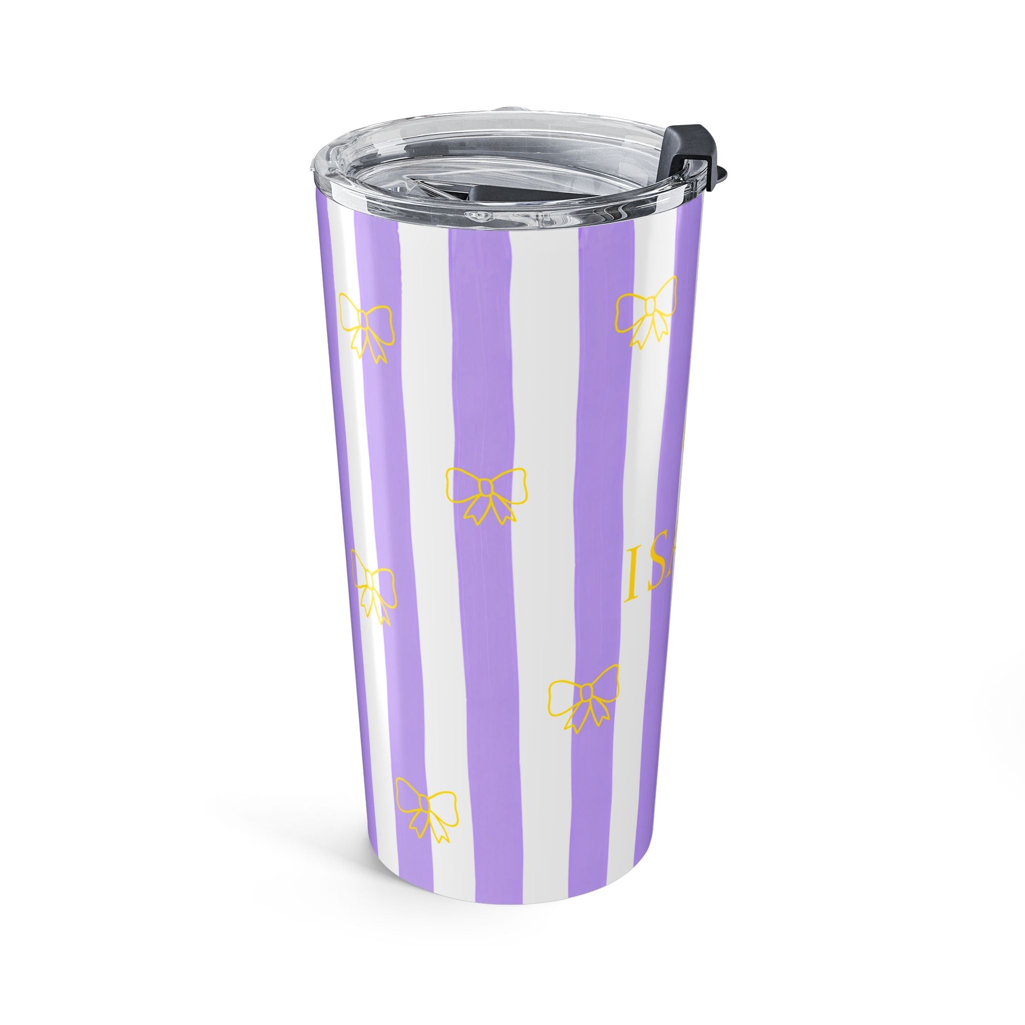 Personalized tumbler for her with lavender and white stripes, lifestyle shot
