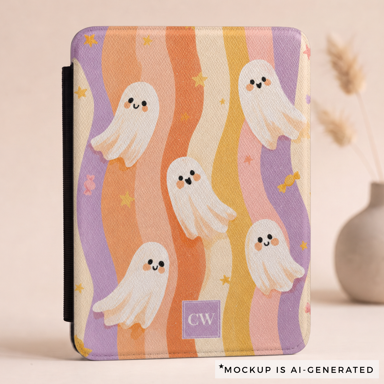 Close-up of cute ghost Kindle case pattern - adorable kawaii ghosts with rosy cheeks stars and candy on pastel rainbow background