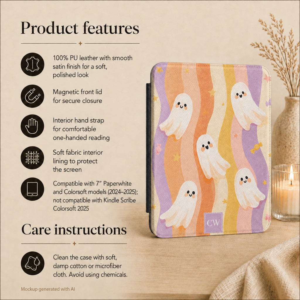 Cute ghost Kindle case detail - personalized pastel halloween gift for her with kawaii ghosts rainbow stripes and stars