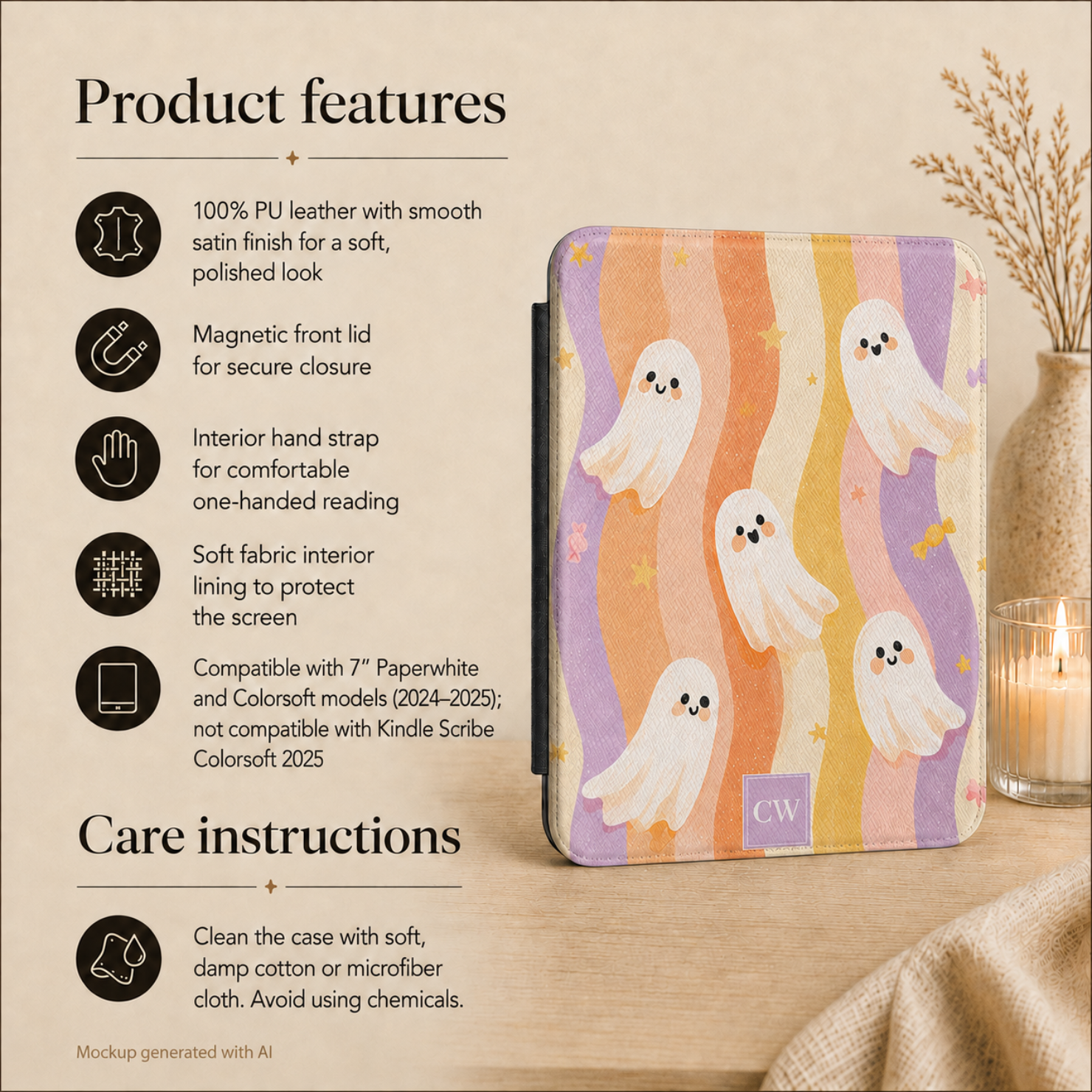 Cute ghost Kindle case detail - personalized pastel halloween gift for her with kawaii ghosts rainbow stripes and stars
