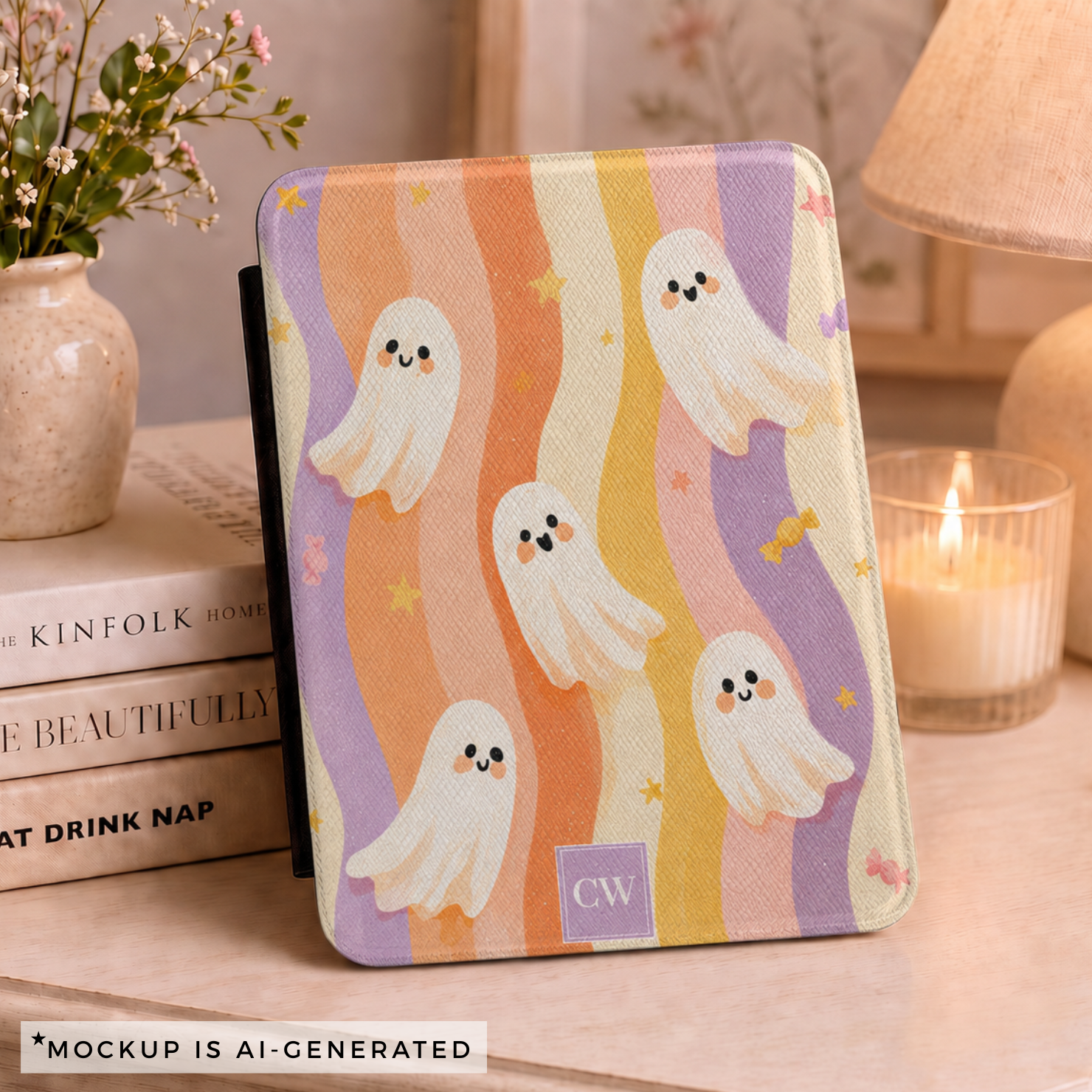 Cute ghost Kindle Paperwhite case flat lay - pastel rainbow stripes with kawaii ghosts rosy cheeks and personalized initials