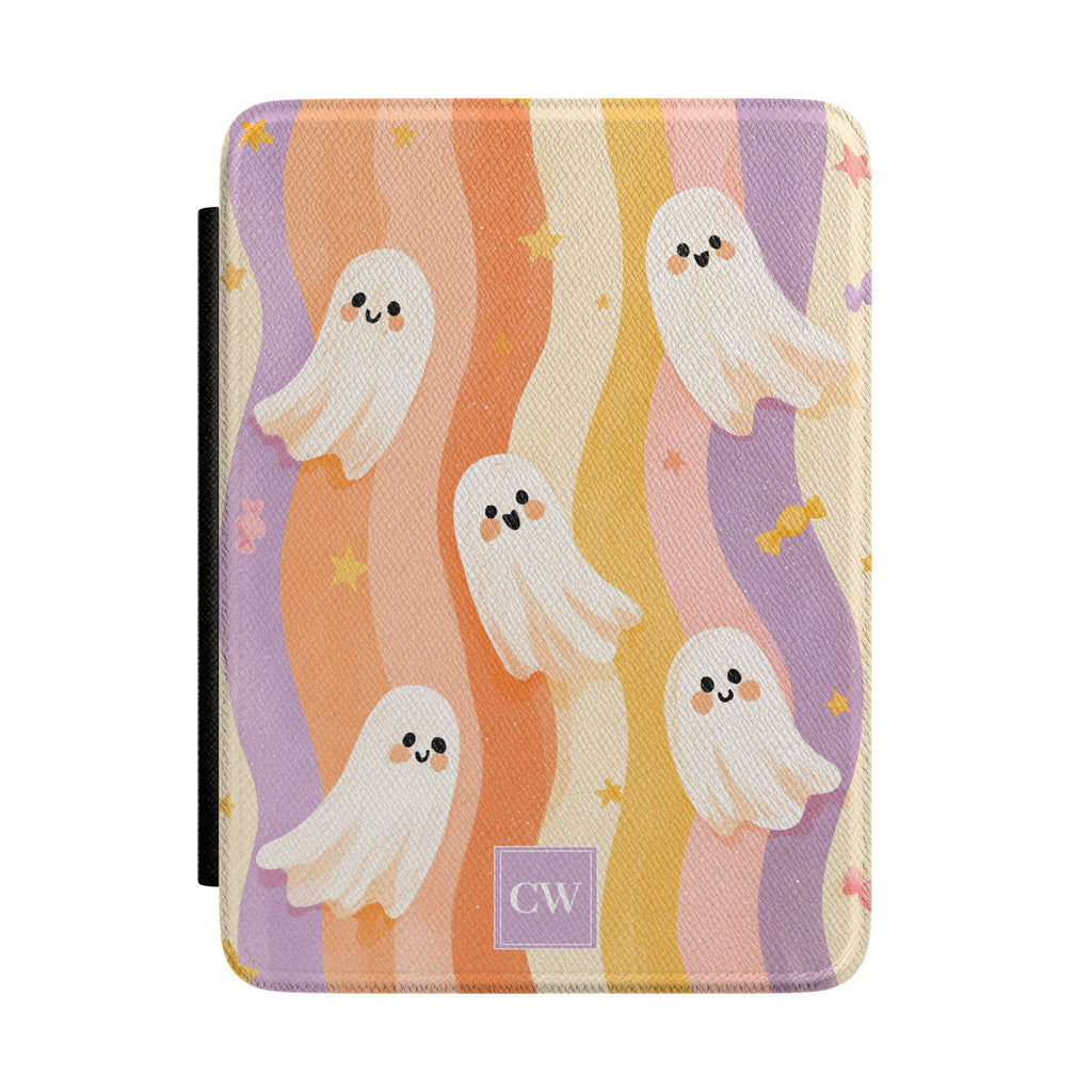 Personalized cute ghost Kindle case - pastel rainbow design with kawaii ghosts stars candy and custom initials in lavender monogram block
