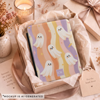 Personalized cute ghost Kindle case initials detail - lavender monogram block with custom initials on pastel halloween design