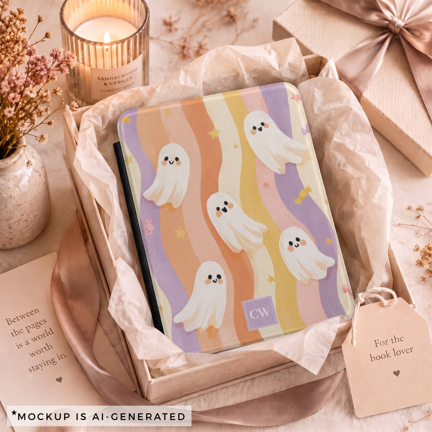 Personalized cute ghost Kindle case initials detail - lavender monogram block with custom initials on pastel halloween design