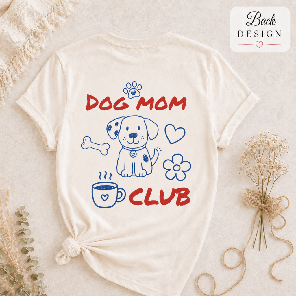Dog mom personalized t-shirt with blue paw print and heart detail on left chest