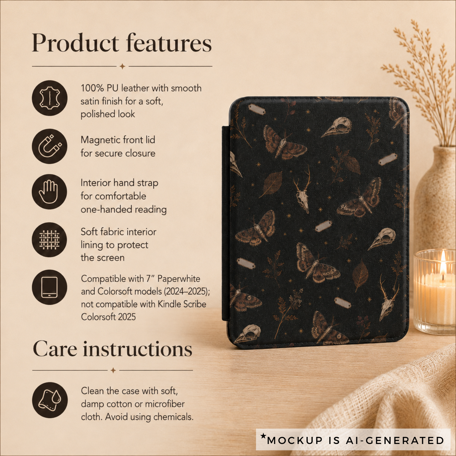Gothic moth Kindle case detail view - personalized dark academia gift for her with moth butterfly skull botanical pattern