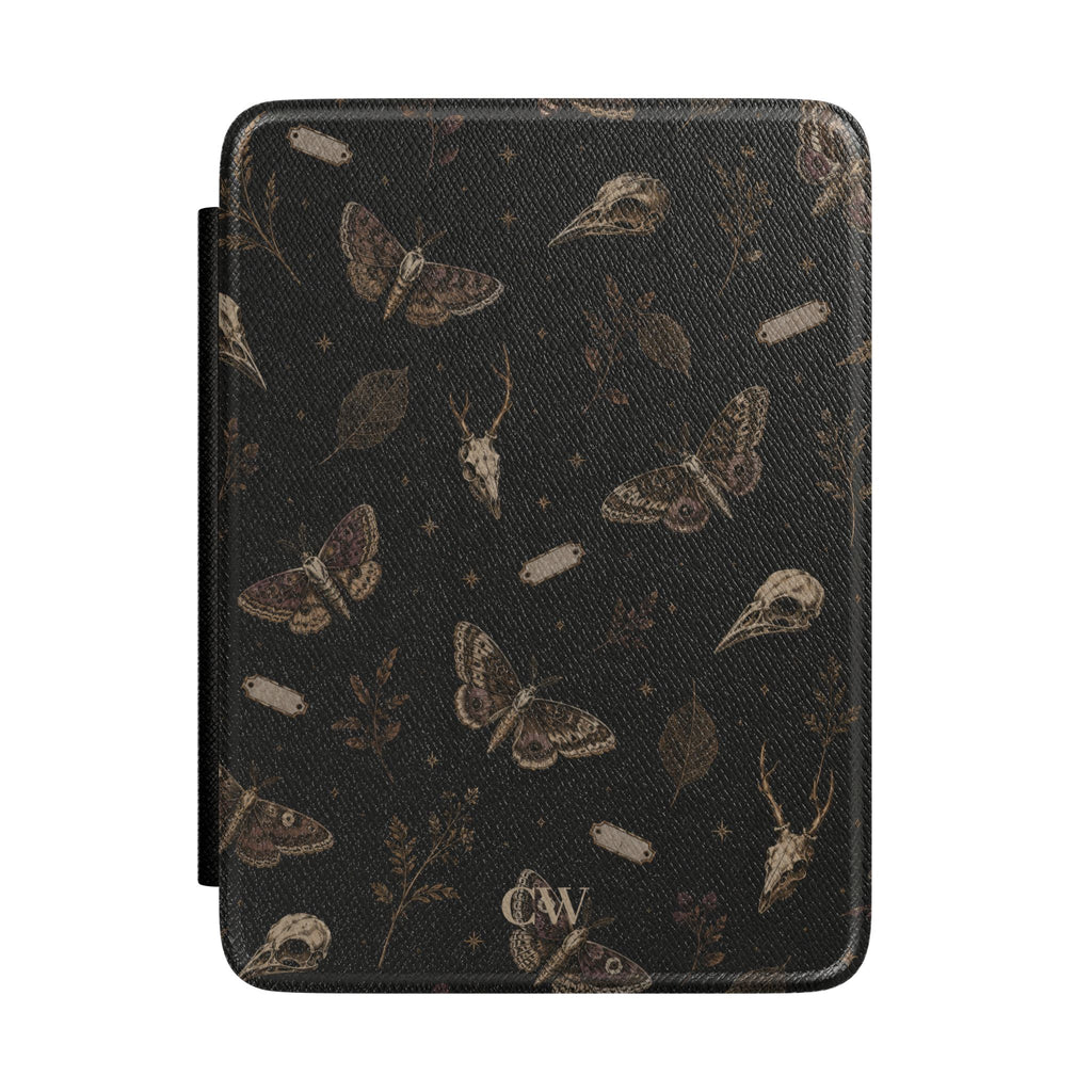Personalized gothic moth Kindle case in black - dark academia design with moths butterflies bird skulls deer skulls botanicals and custom initials