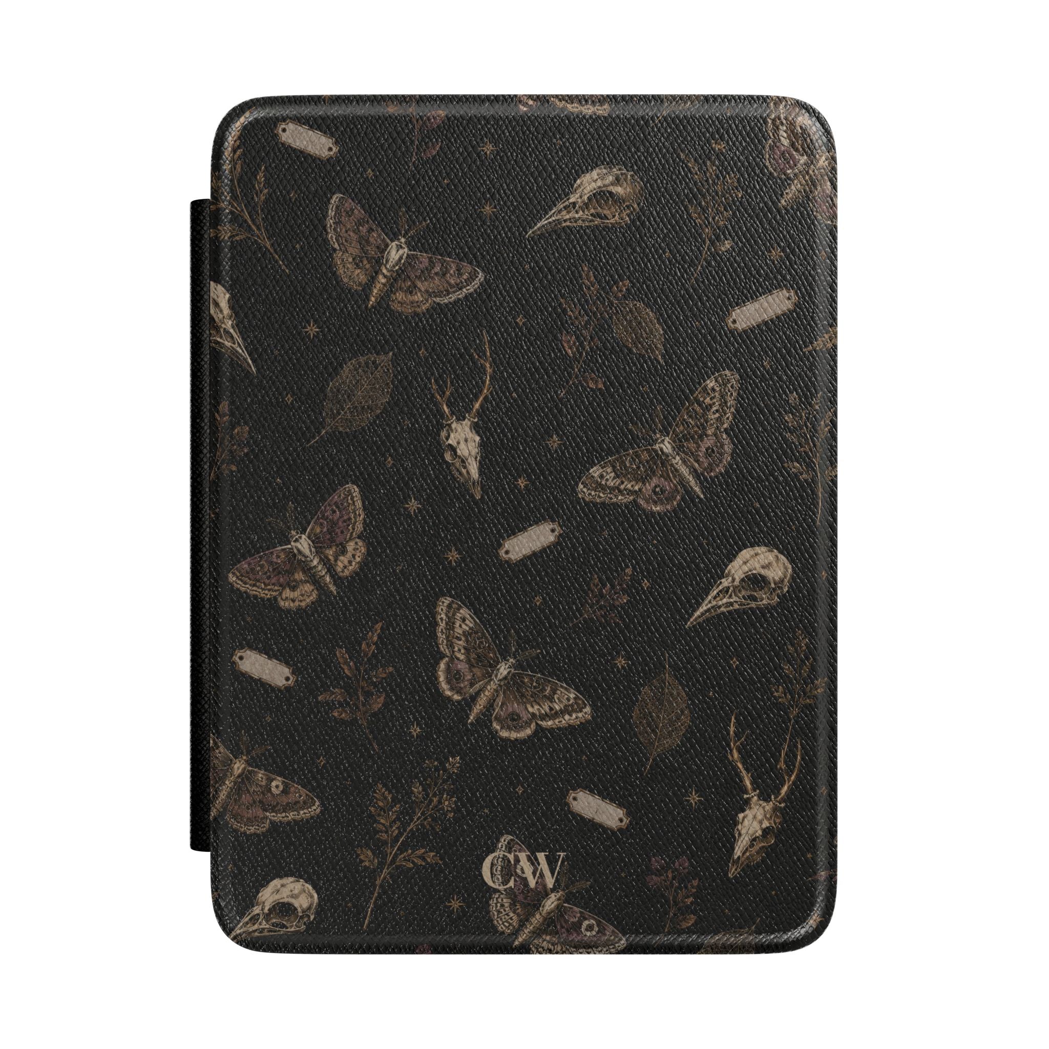 Personalized gothic moth Kindle case in black - dark academia design with moths butterflies bird skulls deer skulls botanicals and custom initials