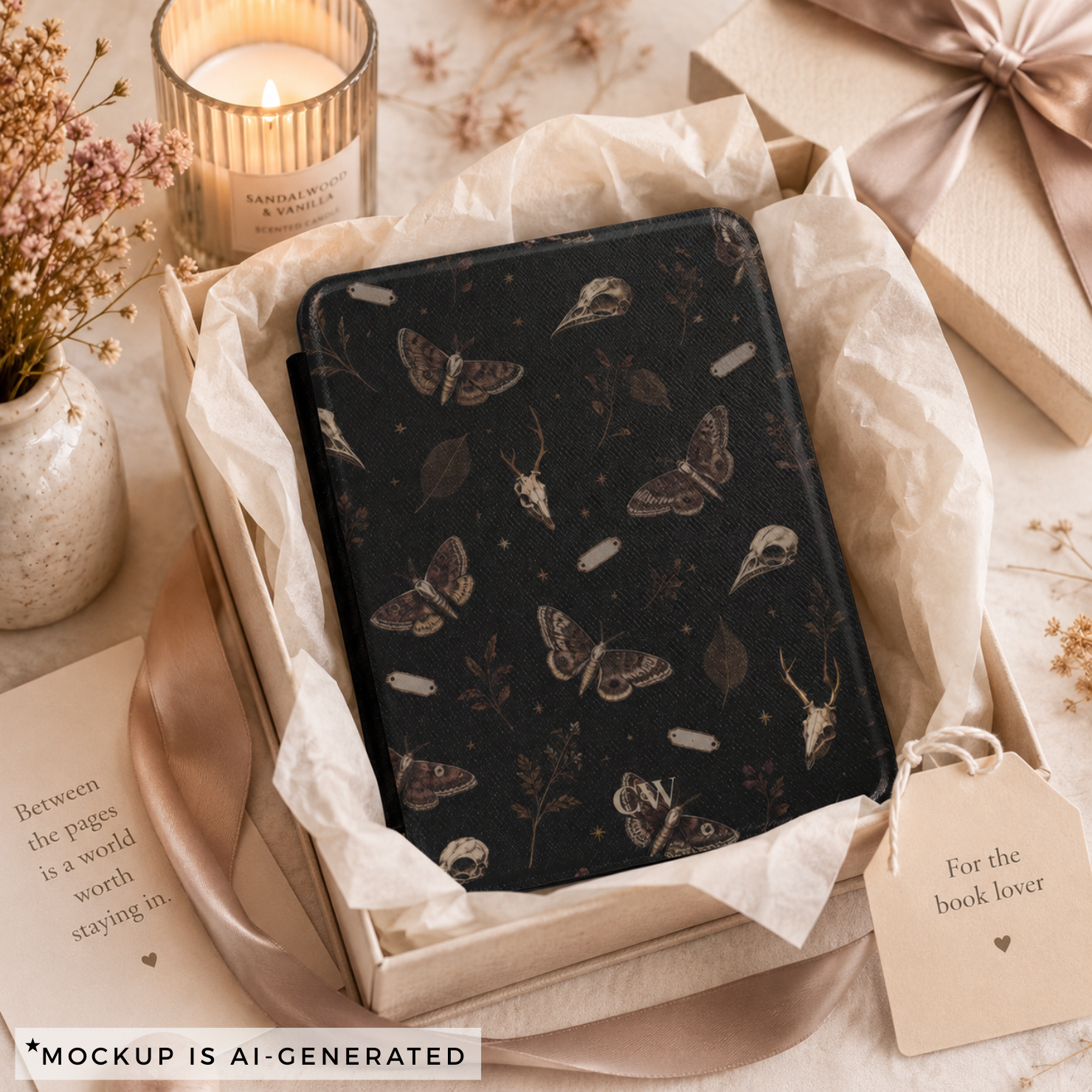 Personalized gothic Kindle case with custom initials detail - dark academia moth skull design for book lovers
