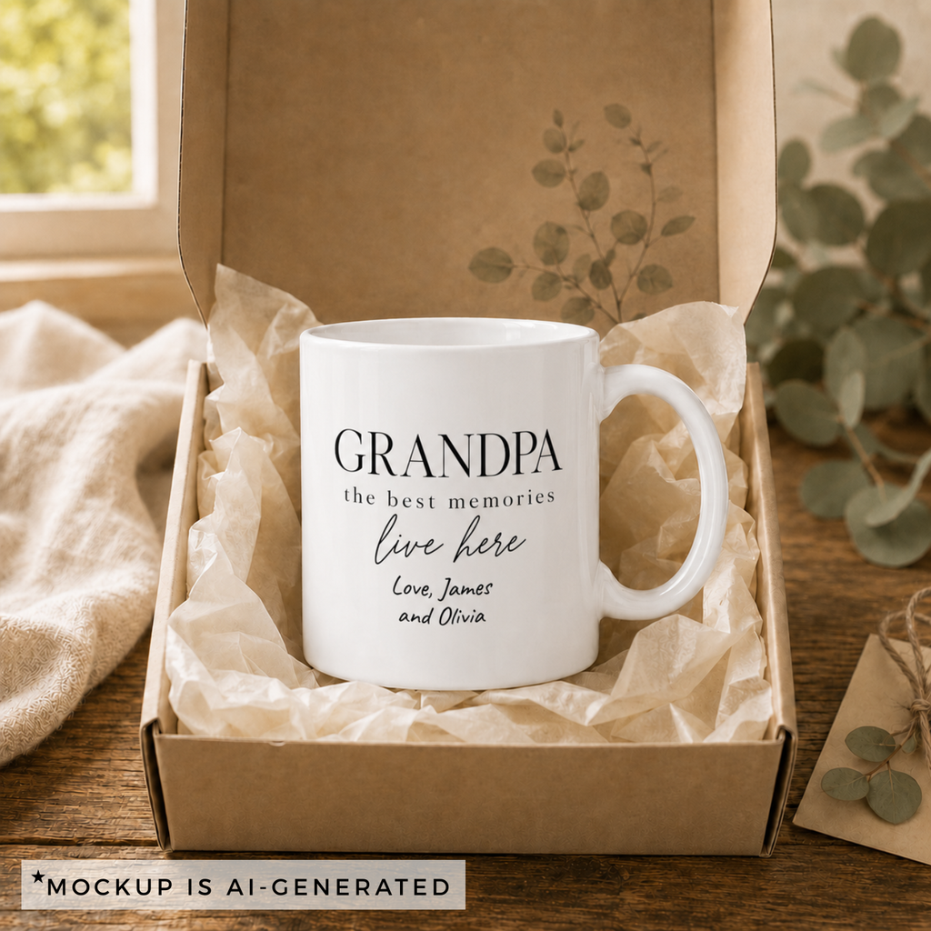 Close-up of Best Memories Live Here mug - caps display serif and script fonts on white ceramic