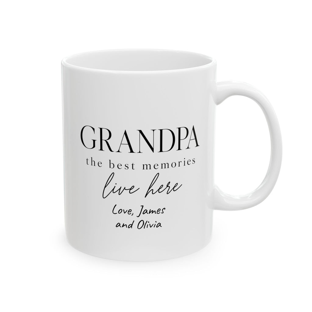 Personalized grandpa mug with GRANDPA The Best Memories Live Here message and grandkids names - white 11oz ceramic