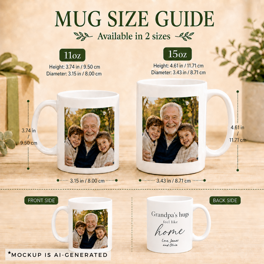 Close-up of Grandpas Hugs Feel Like Home mug typography - script and serif fonts on white ceramic