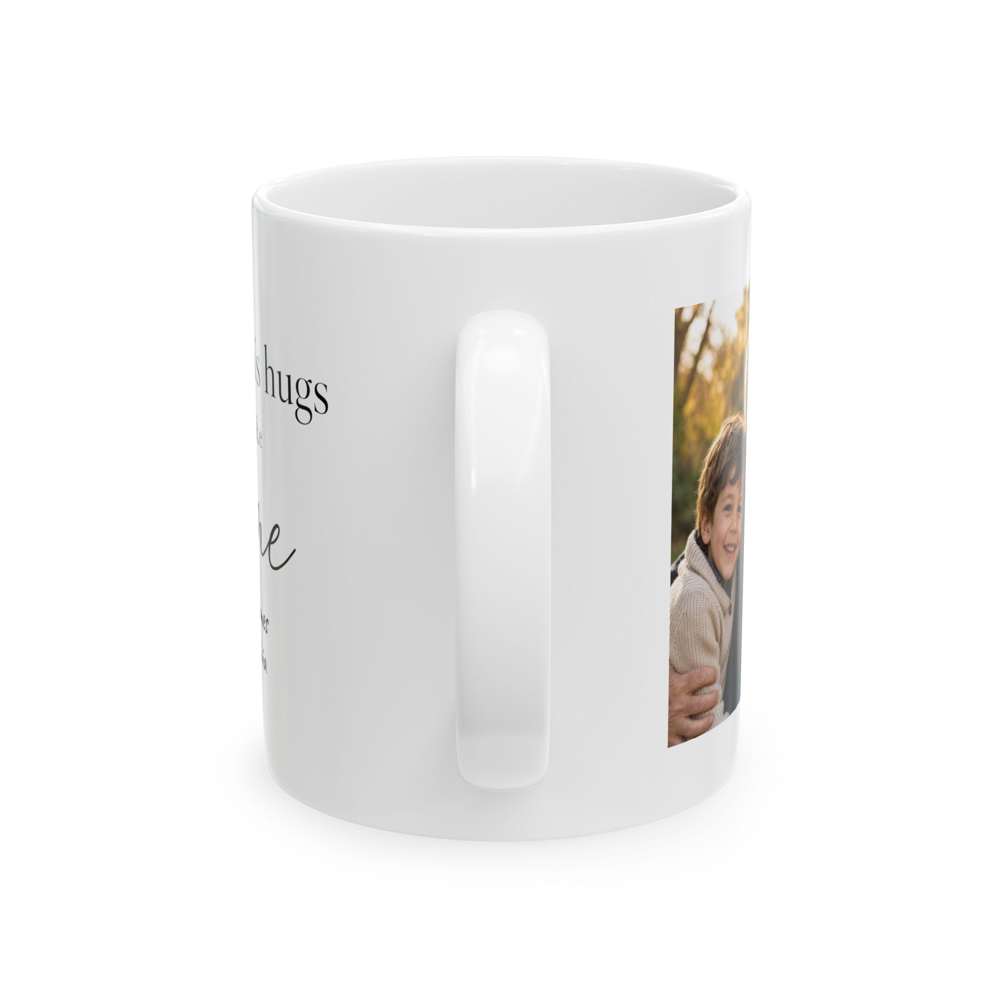 Fathers Day gift for grandpa - personalized ceramic mug with heartfelt hugs feel like home message