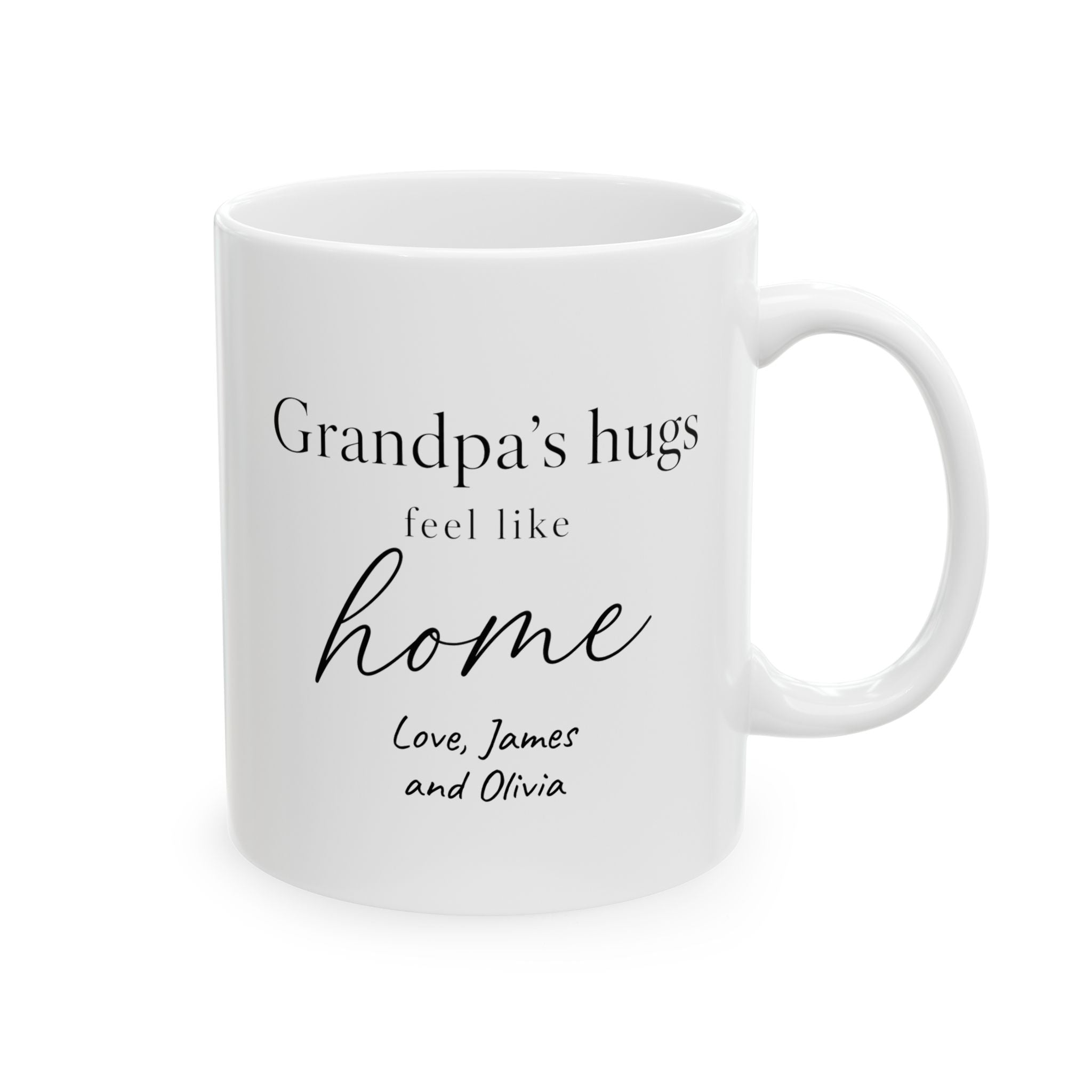 Personalized grandpa mug with Grandpas Hugs Feel Like Home message and grandkids names - white 11oz ceramic