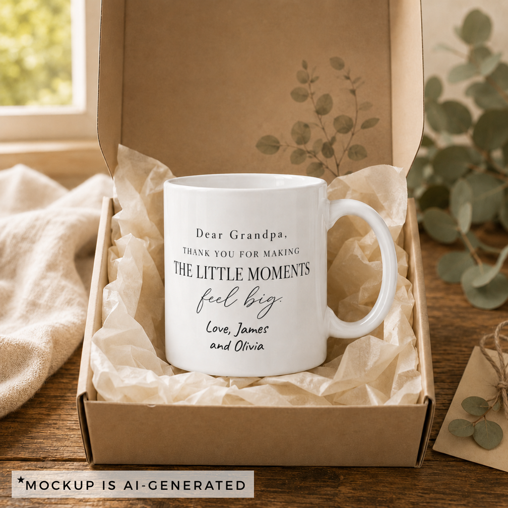 Close-up of Dear Grandpa mug typography - mixed serif script and display fonts on white ceramic