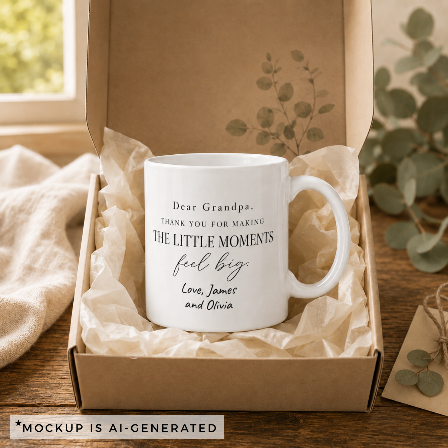 Close-up of Dear Grandpa mug typography - mixed serif script and display fonts on white ceramic