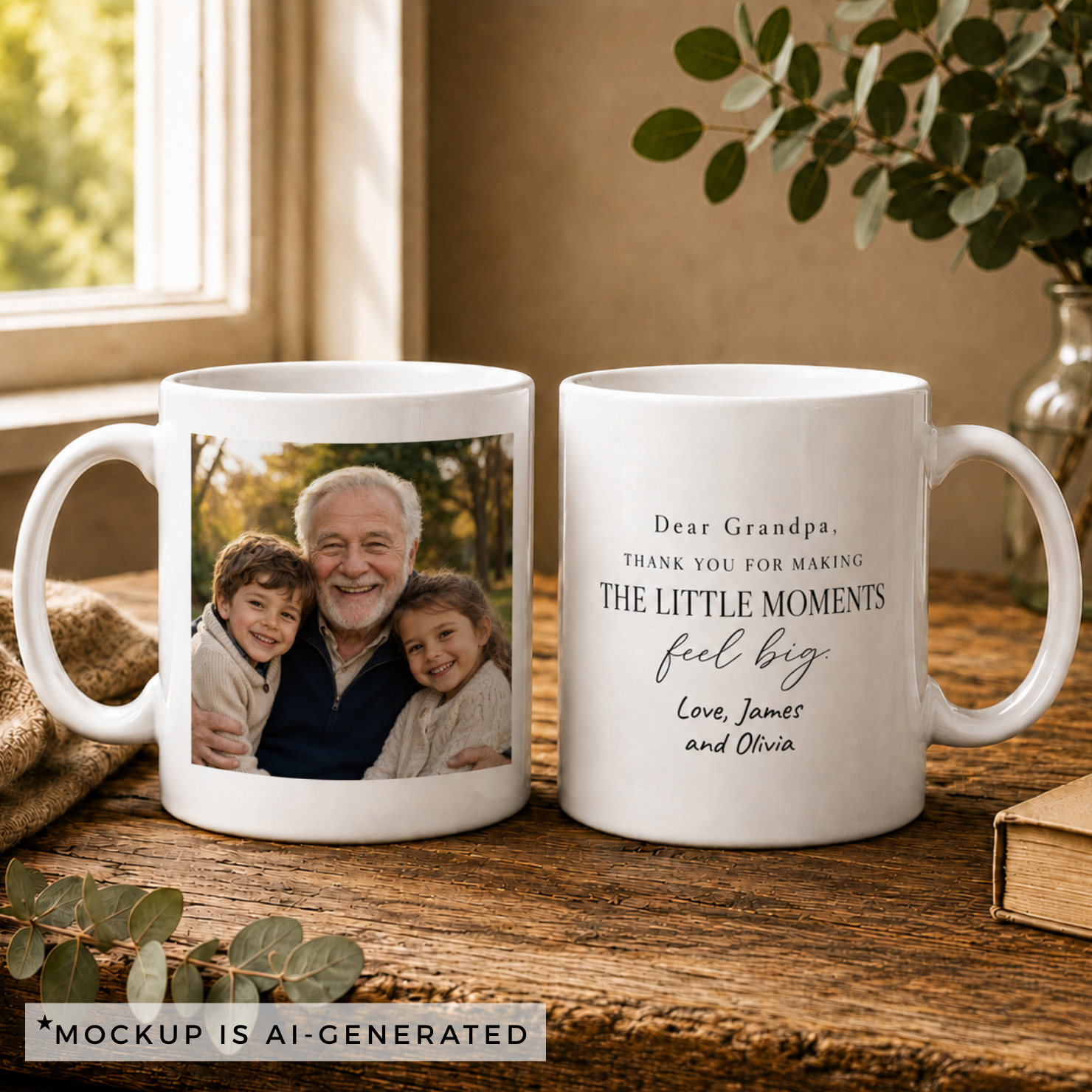 Personalized grandpa gift mug on kitchen counter - custom name and message from grandkids