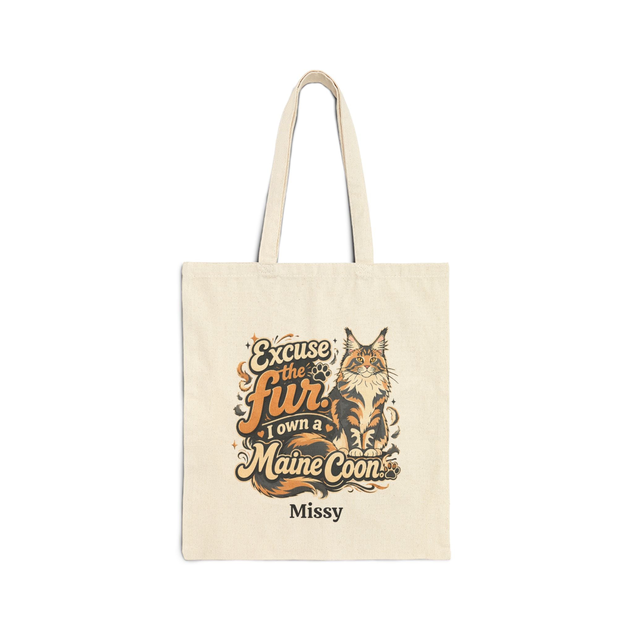 Personalized Maine Coon tote bag with Excuse the Fur I Own a Maine Coon design and custom cat name