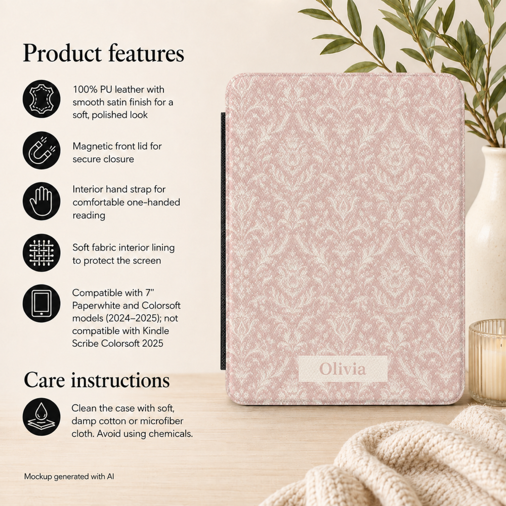 Interior view of the personalized Kindle case showing soft fabric lining and hand strap