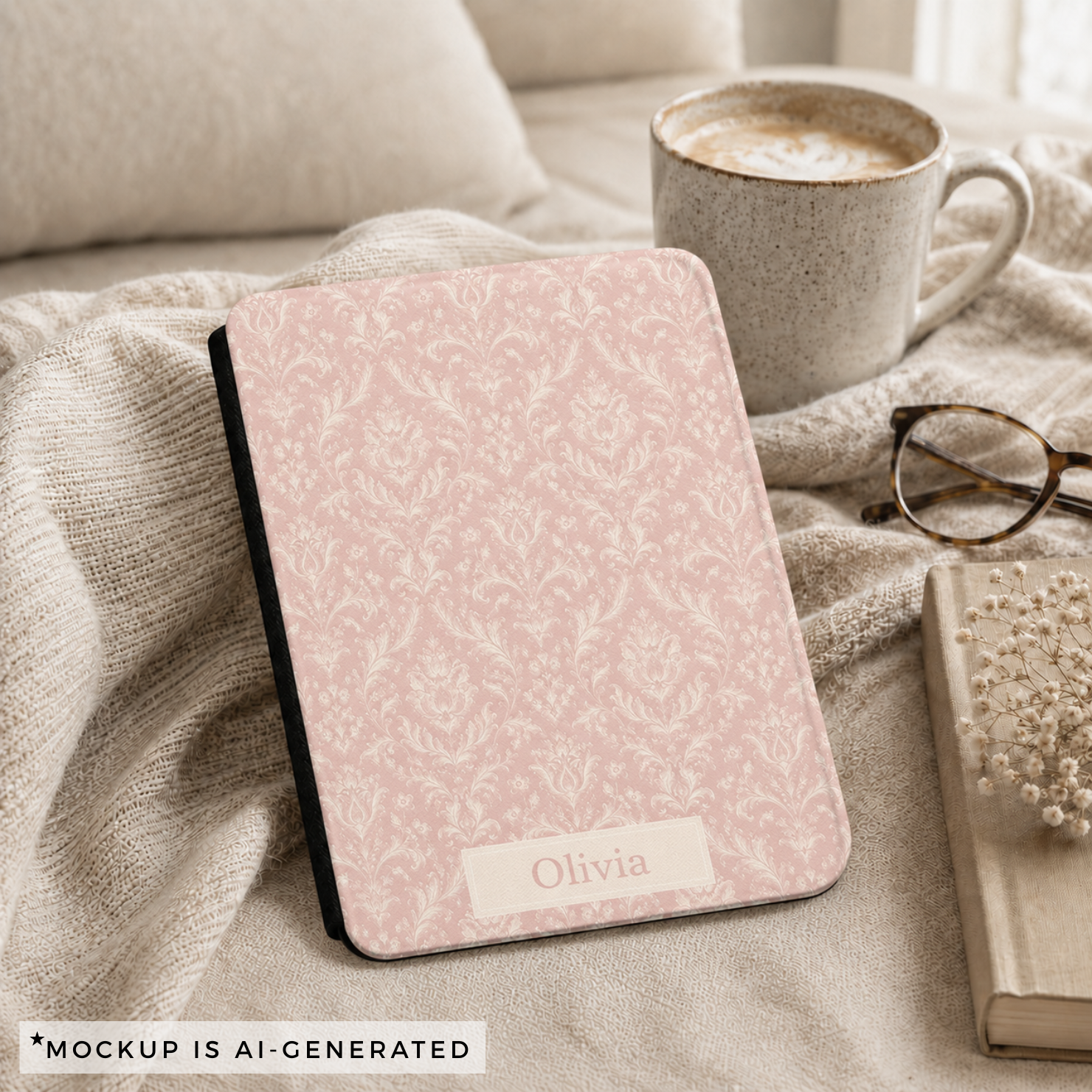 Pink floral damask personalized Kindle case shown in a cozy reading setting