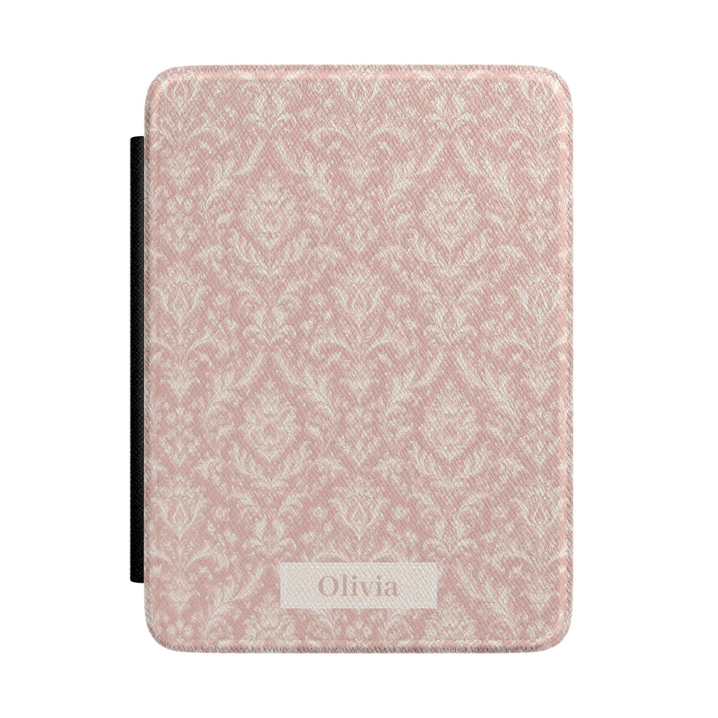 Personalized pink floral damask Kindle case with custom name on the front cover