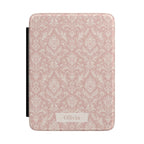 Personalized pink floral damask Kindle case with custom name on the front cover