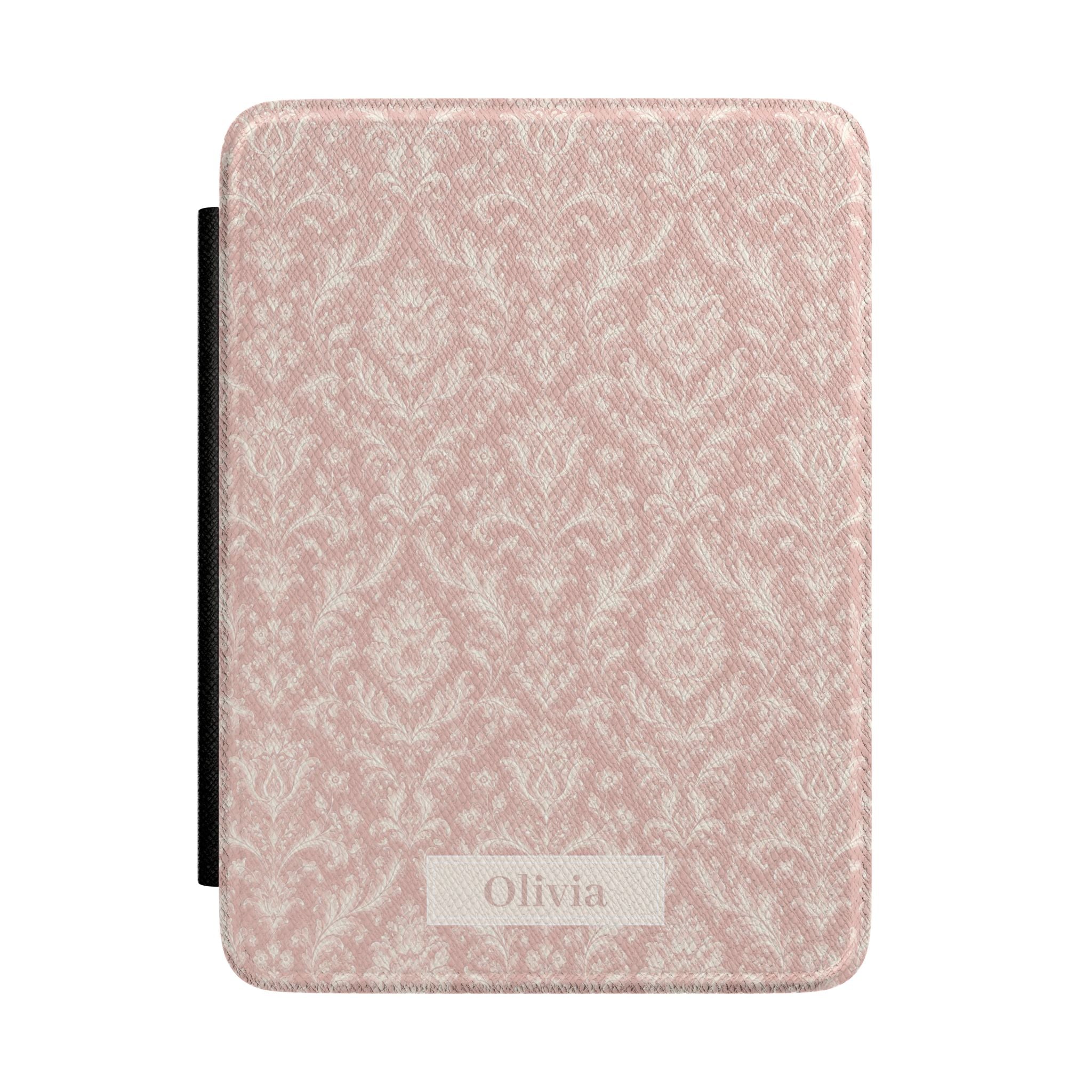 Personalized pink floral damask Kindle case with custom name on the front cover