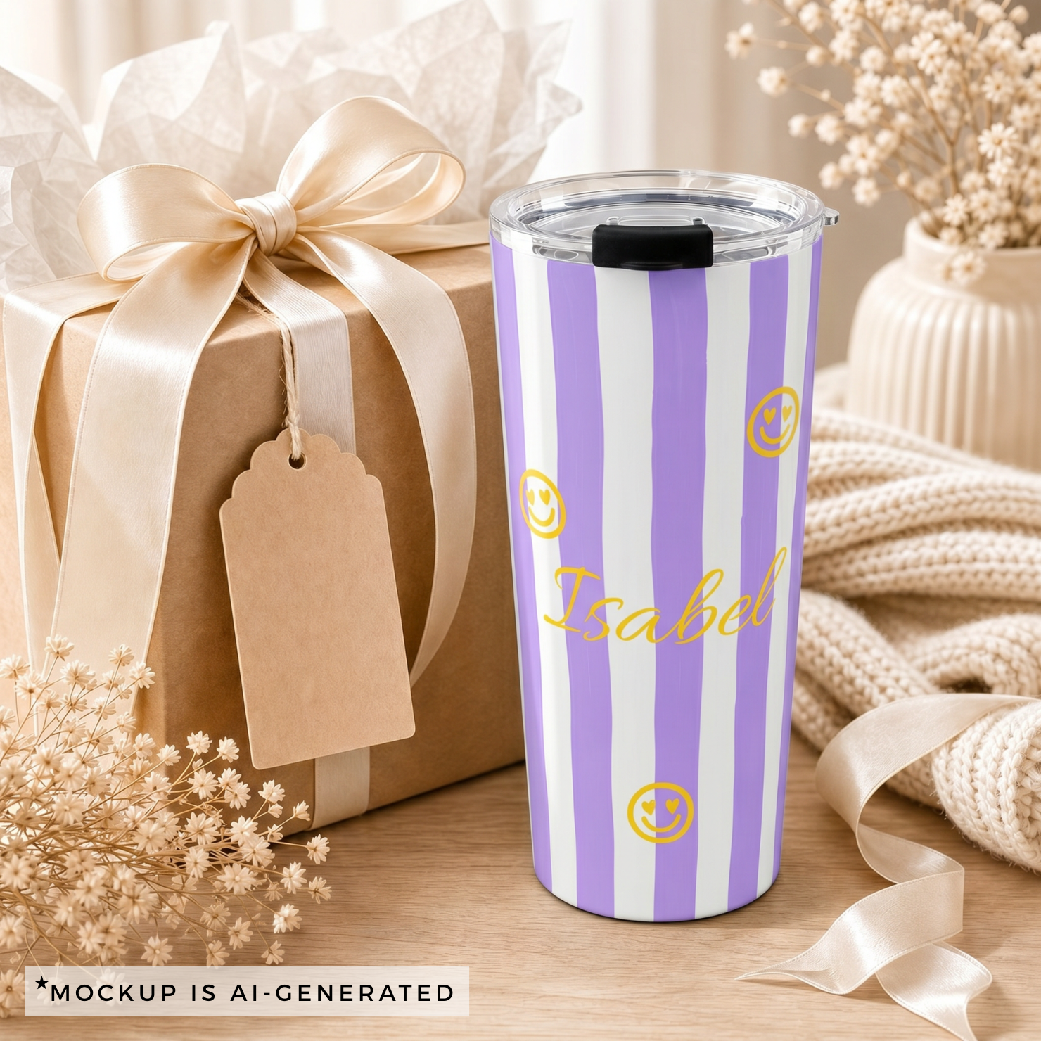 Close-up of purple stripe tumbler personalization - gold script name with smiley face accents