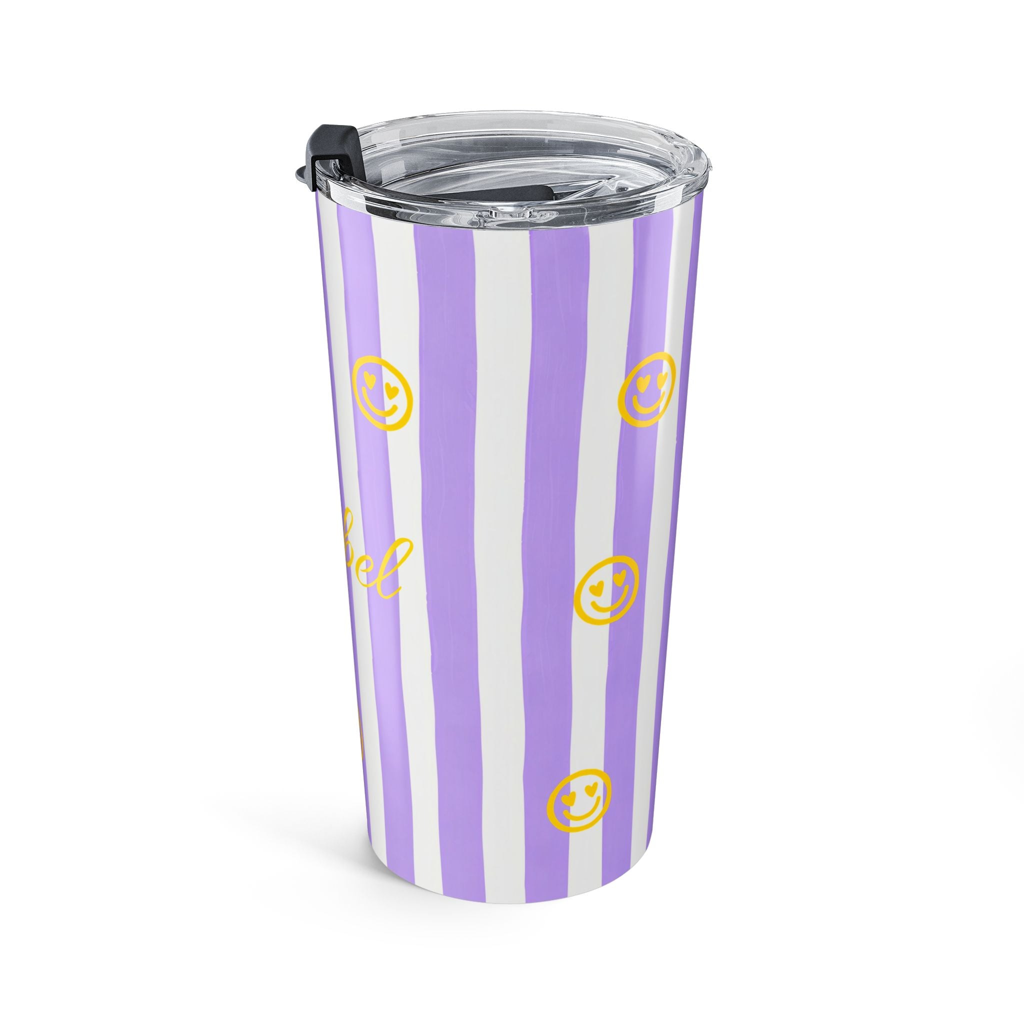 Custom name 20oz tumbler purple stripe - personalized gift for daughter with smiley face design
