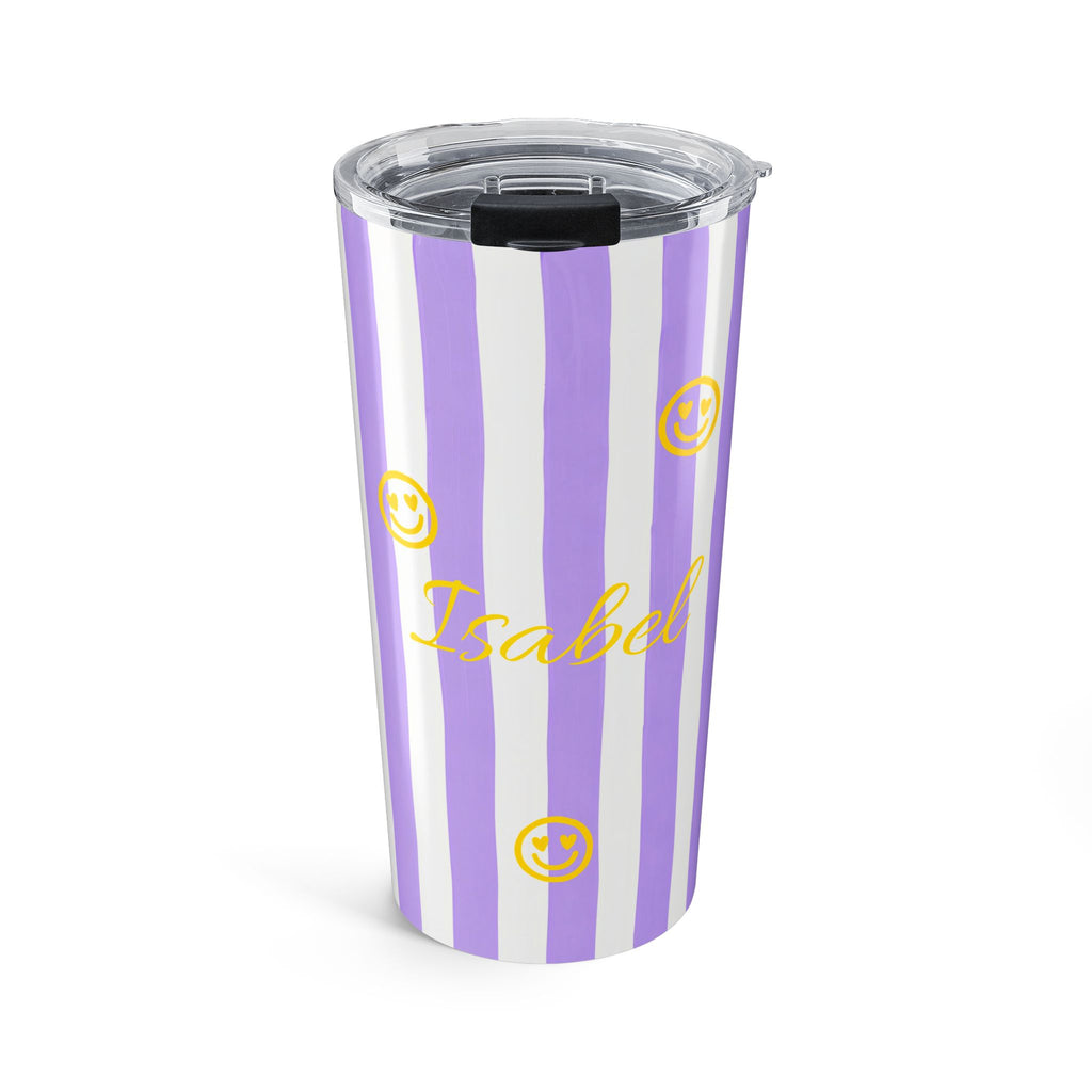 Personalized purple stripe tumbler with golden smiley faces and custom name in gold script - 20oz stainless steel with clear lid