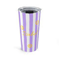 Personalized purple stripe tumbler with golden smiley faces and custom name in gold script - 20oz stainless steel with clear lid