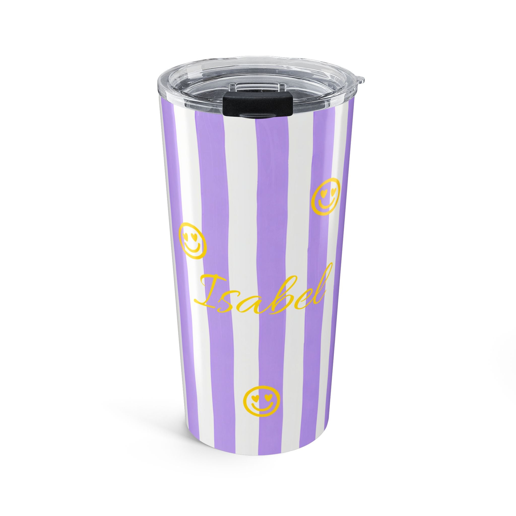 Personalized purple stripe tumbler with golden smiley faces and custom name in gold script - 20oz stainless steel with clear lid