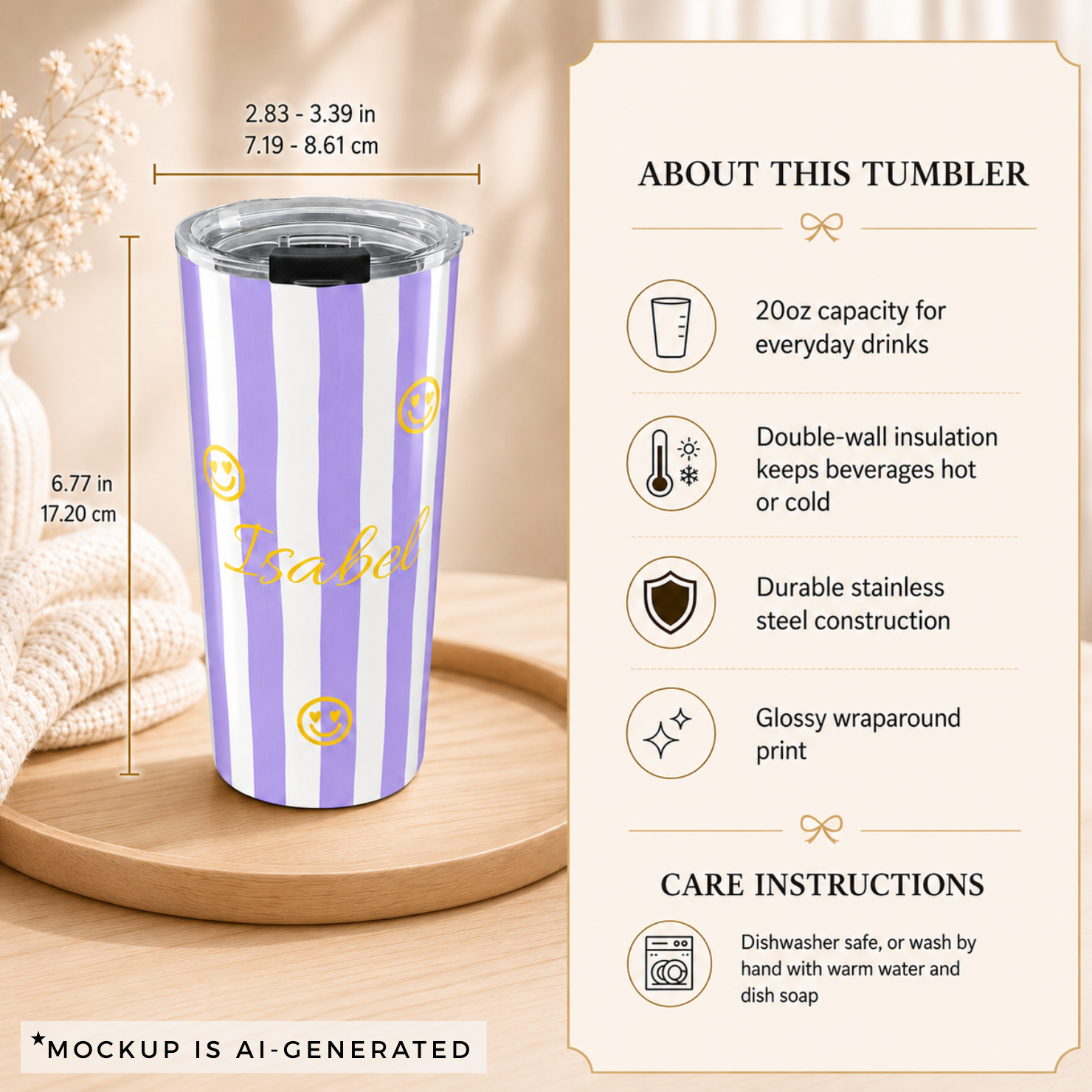 Personalized tumbler for daughter birthday gift - purple stripes and golden smileys on 20oz stainless steel