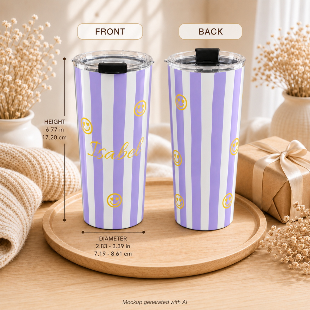 Custom name purple and white stripe tumbler - dopamine design with heart eye smileys for her