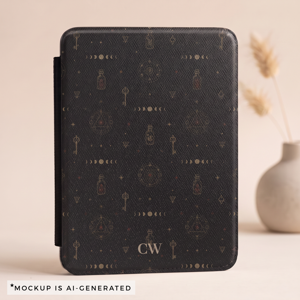 Close-up of witchy alchemy Kindle case pattern - detailed skeleton keys potion bottles alchemical triangles and moon phases on black