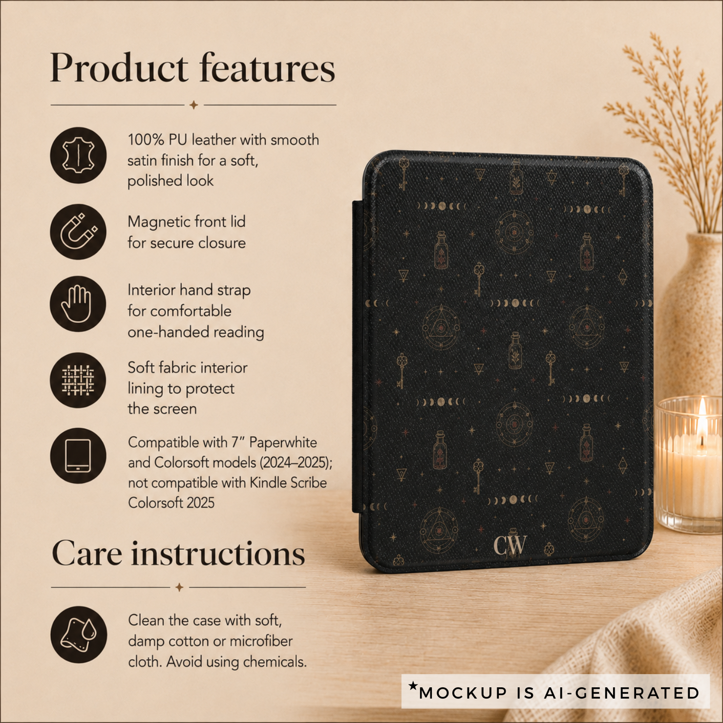 Witchy alchemy Kindle case detail - personalized halloween gift for her with moon phases skeleton keys and potion bottle pattern