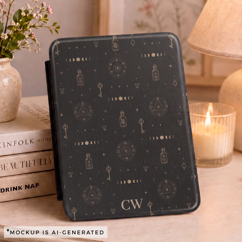Witchy alchemy Kindle Paperwhite case flat lay - dark black background with moon phases keys potion bottles and personalized initials