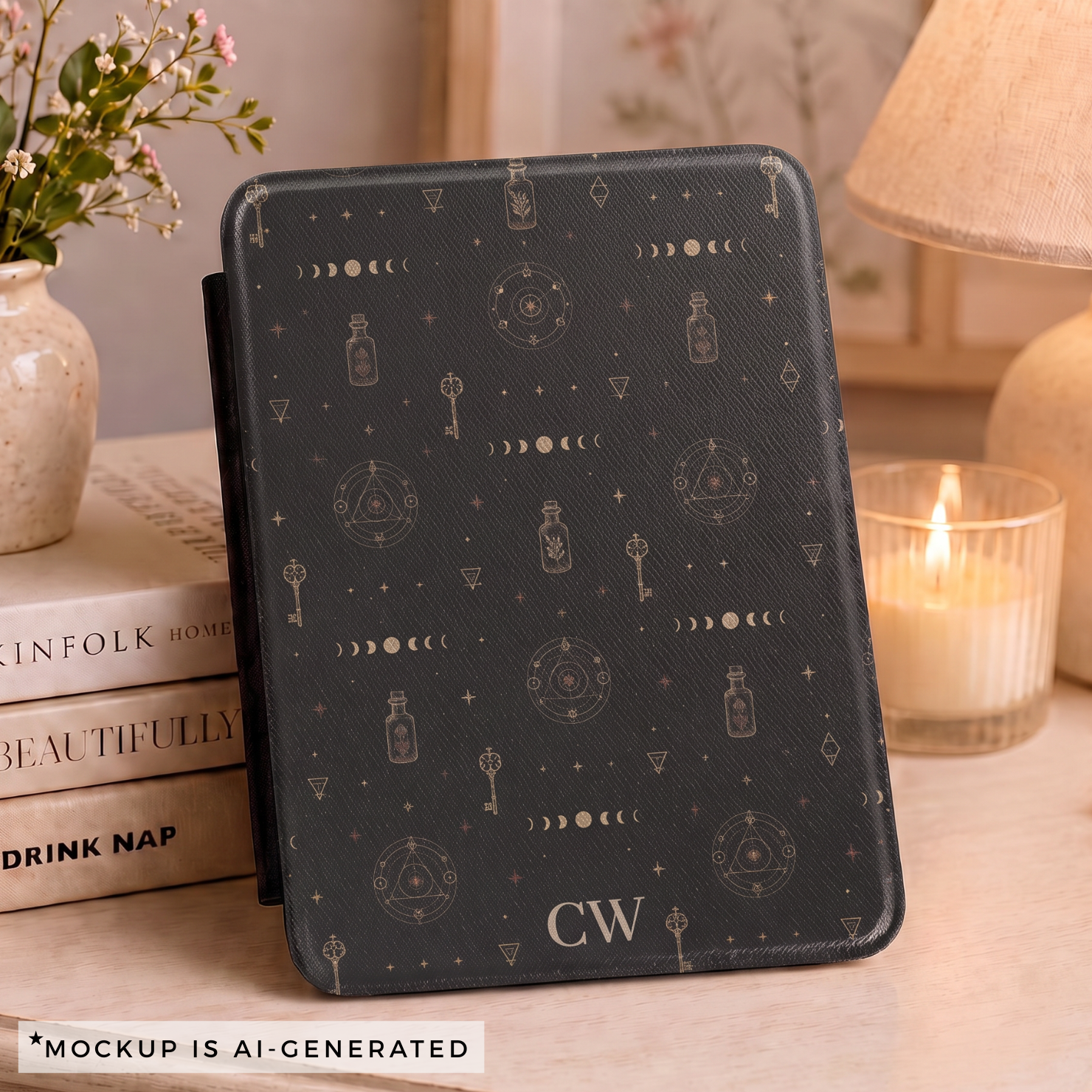 Witchy alchemy Kindle Paperwhite case flat lay - dark black background with moon phases keys potion bottles and personalized initials