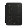 Personalized witchy alchemy Kindle case in black - moon phases skeleton keys potion bottles alchemical triangles stars and custom initials in gold