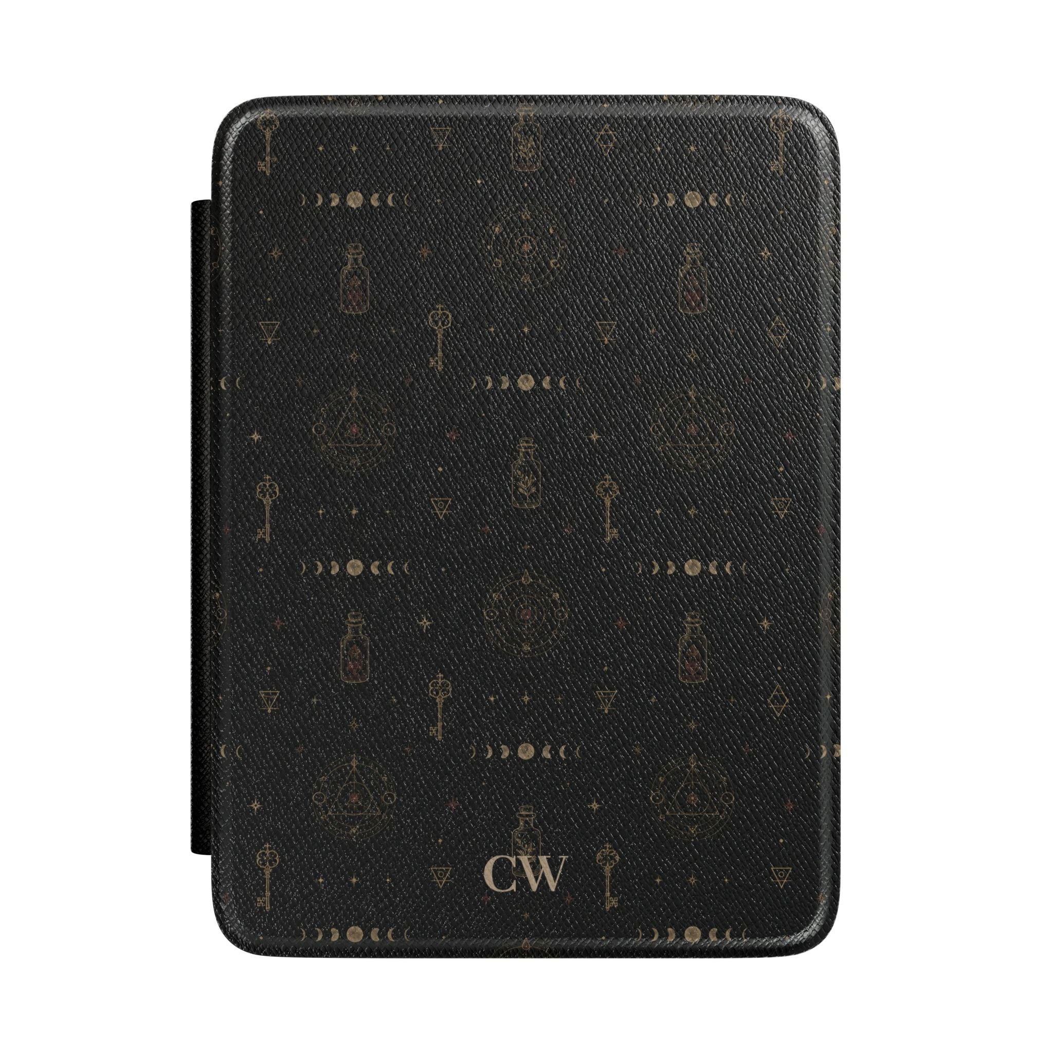 Personalized witchy alchemy Kindle case in black - moon phases skeleton keys potion bottles alchemical triangles stars and custom initials in gold