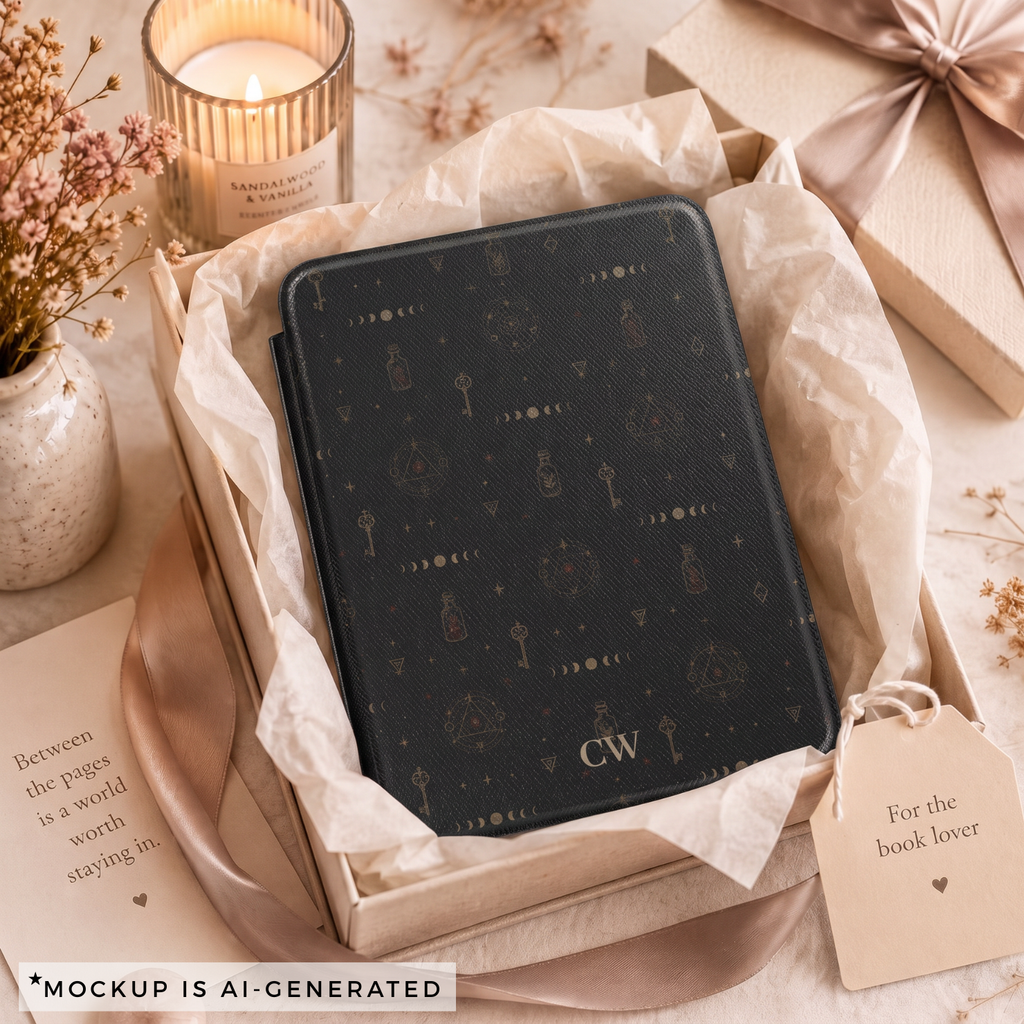Personalized witchy Kindle case custom initials detail - dark alchemy moon phase design for book loving witches