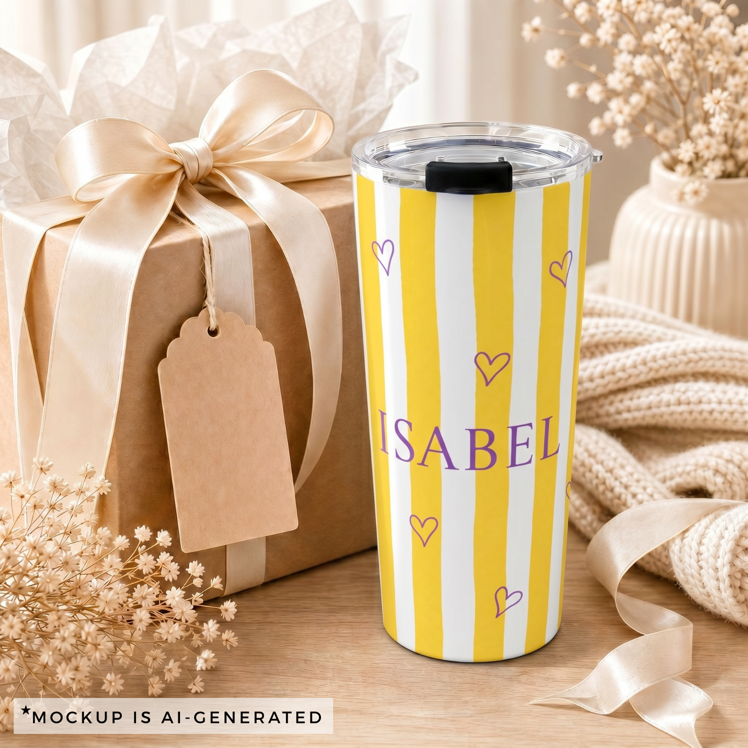 Close-up of yellow stripe tumbler personalization - bold purple serif name with heart accents